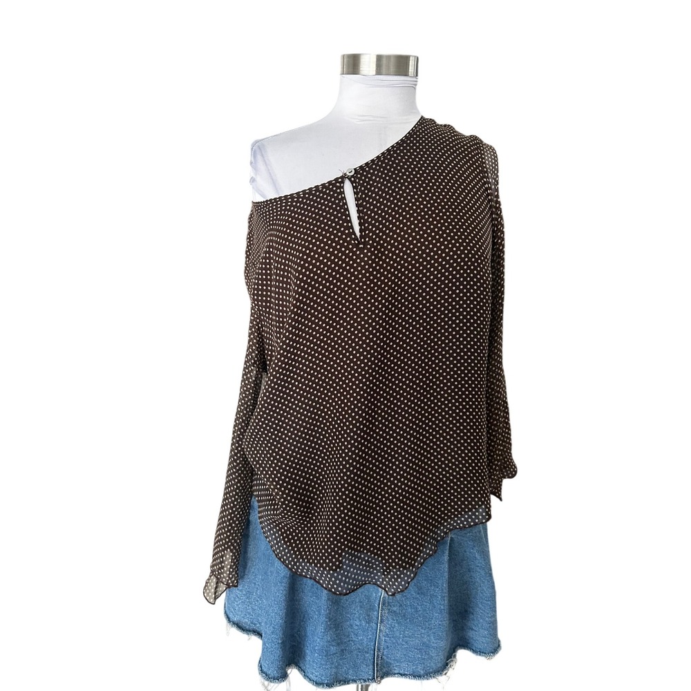 Vintage 100% Silk Blouse PL Brown Polka Dot Handkerchief Hem Oversized Poncho - Picture 4 of 6